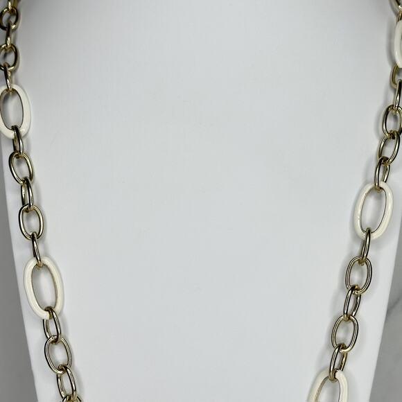 Gold Tone and White Long Chain Link Necklace - Picture 4 of 12
